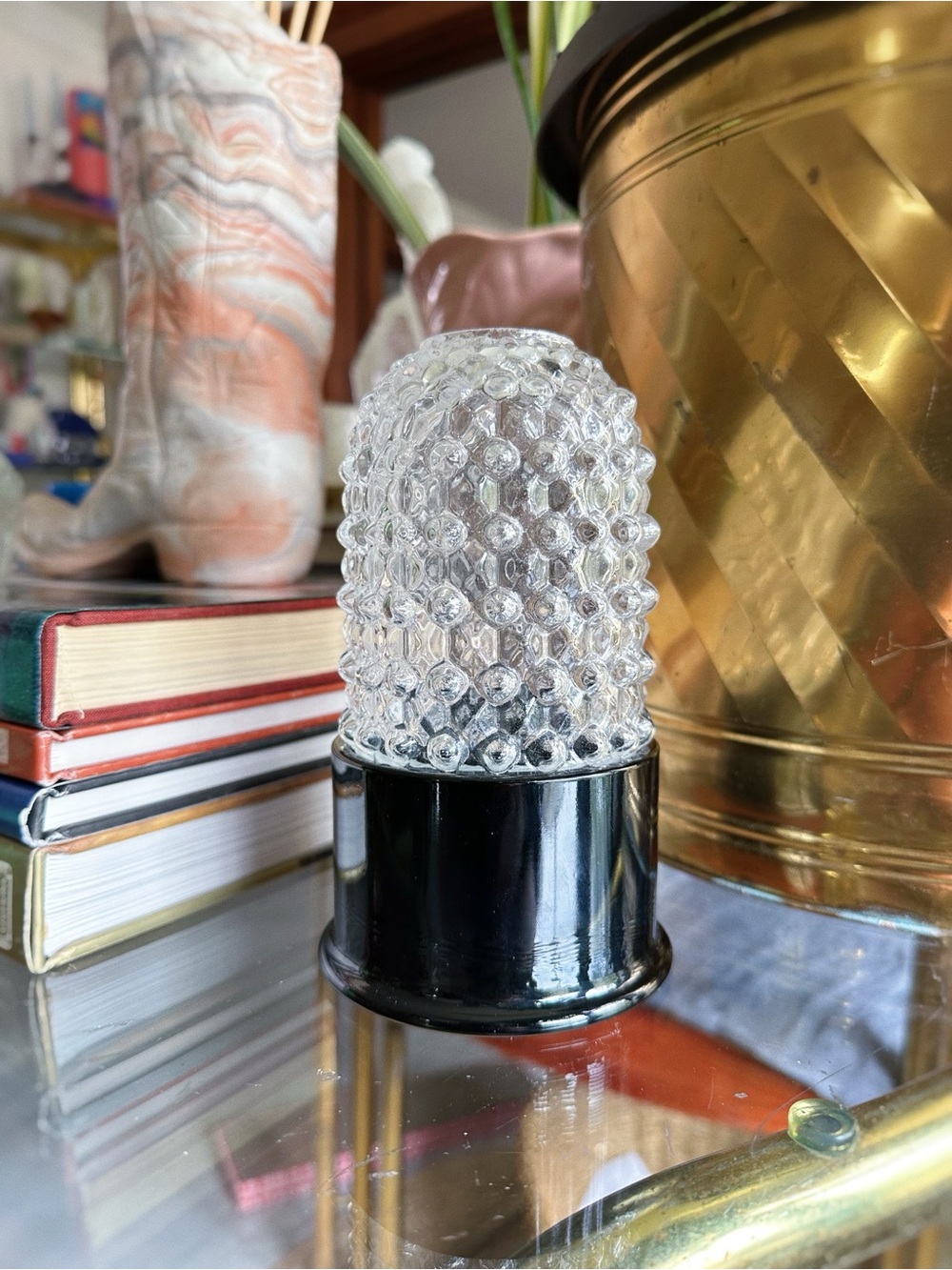 Clear Glass Hobnail Candle Holder with Black Base